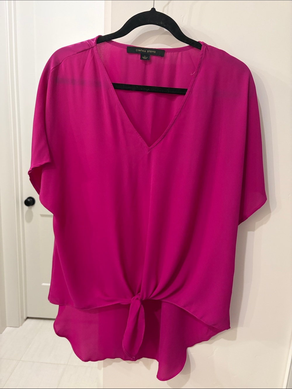 Cynthia Steffe Hot Pink Tie-Front V-Neck Blouse